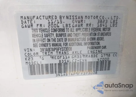 2015 Nissan Sentra S from USA, damaged, VIN 3N1AB7AP9FY373008